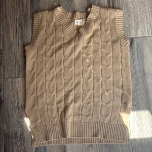Tan V-Neck Cable Knit Sweater